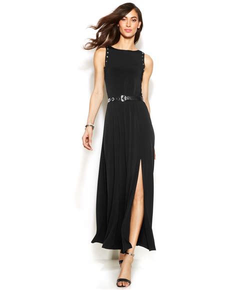 michael kors black gold long belted dress|Michael Kors dresses sale.